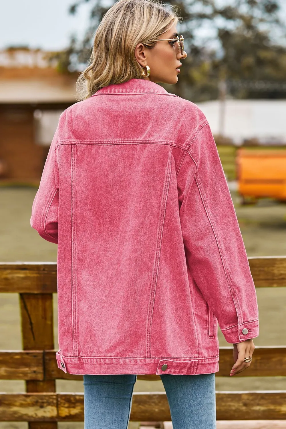 Buttoned Collared Neck Denim Jacket with Pockets, image 6