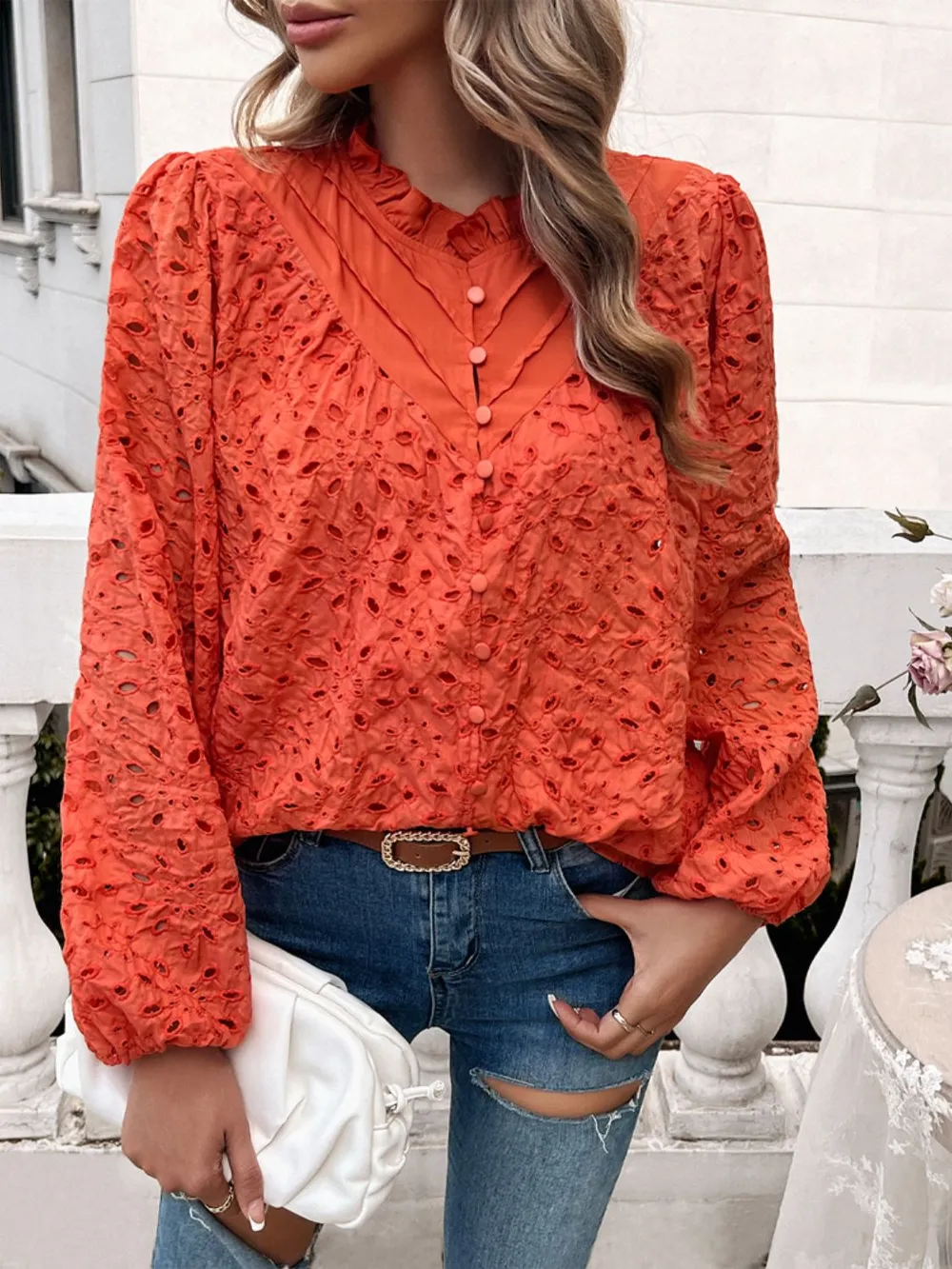 Frill Round Neck Long Sleeve Shirt, image 2