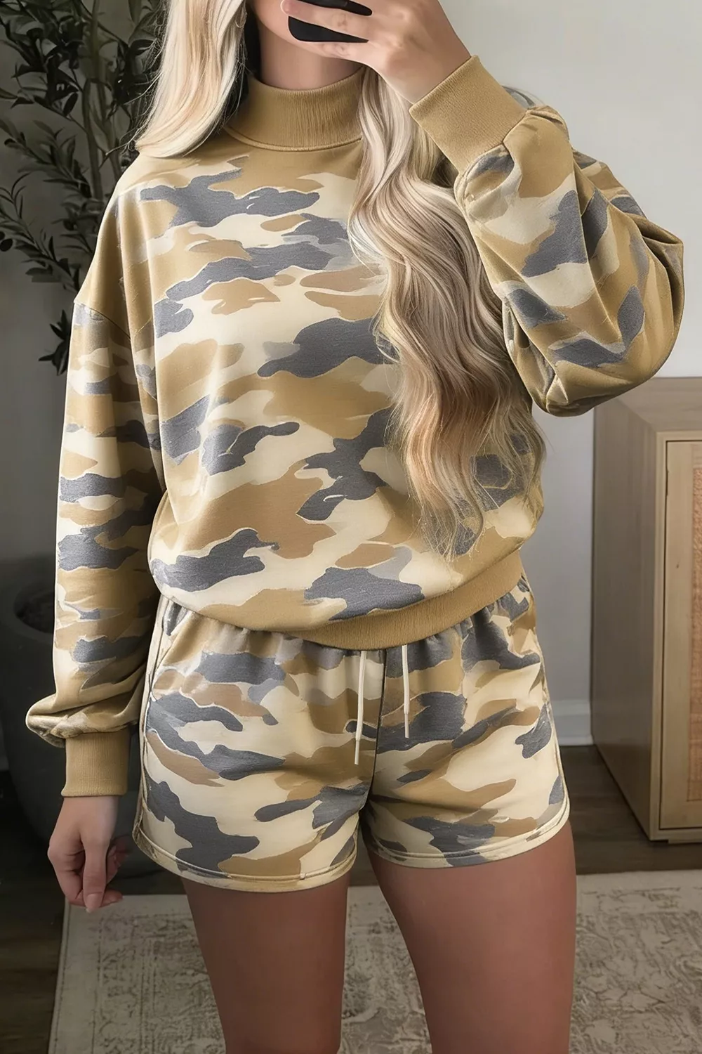 Camouflage Print Long Sleeve Top Drawstring Shorts Set, image 2