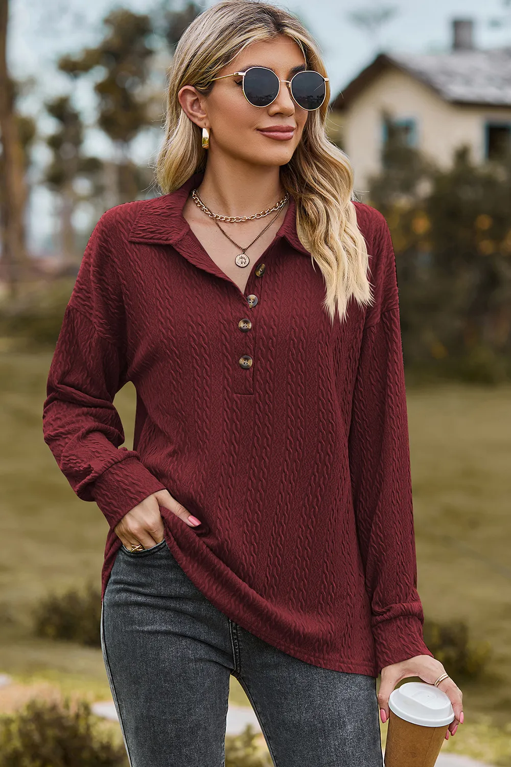 Half Button Dropped Shoulder Blouse, image 5