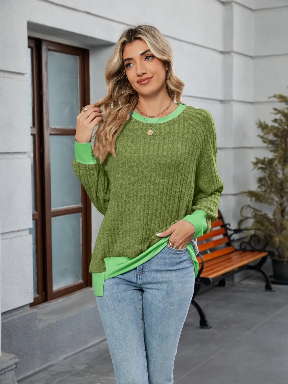 Contrast Trim Round Neck Long Sleeve T-Shirt, image 5