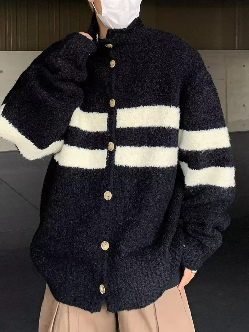 Men's Striped Knit Button-Down Cardigan, image 2