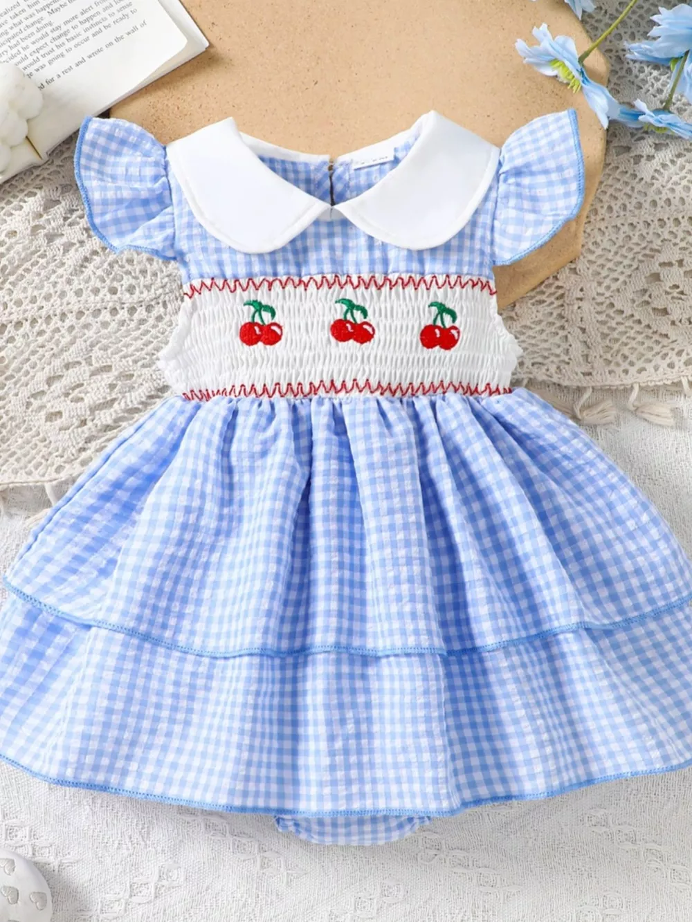 Children's Fruit Embroidered Gingham Smocked Dress, image 7