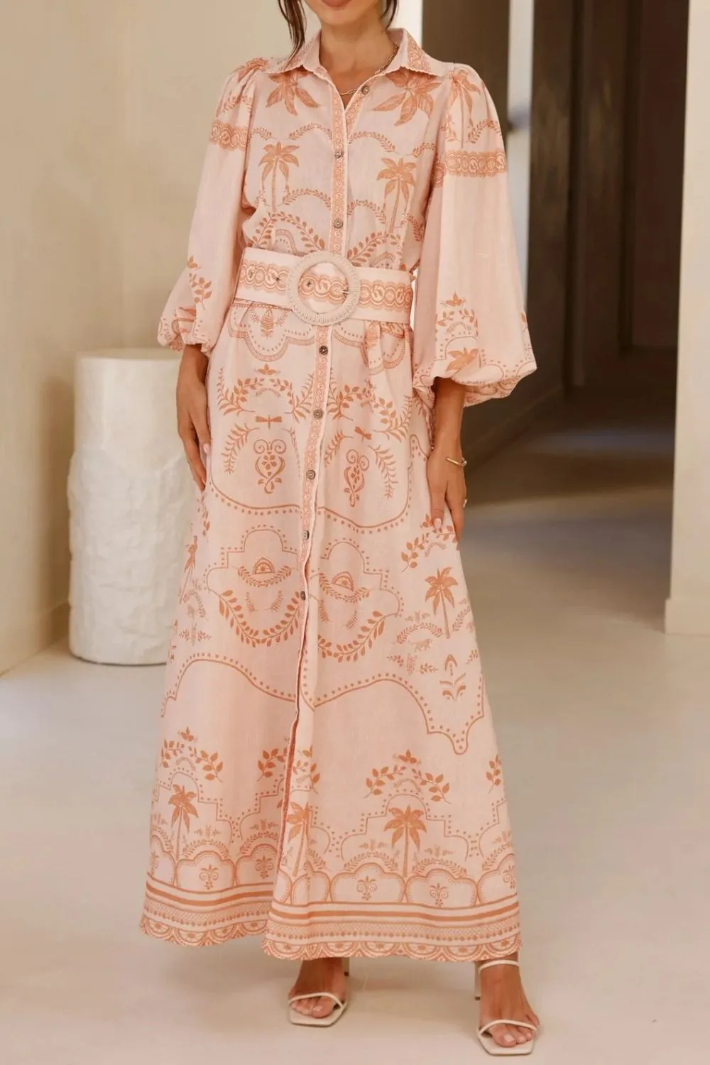 Printed Balloon Sleeve Maxi Shirt Dress