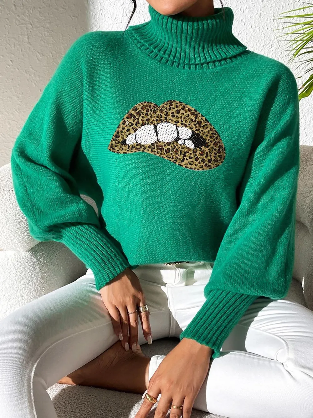 Lip Turtleneck Long Sleeve Sweater, image 9
