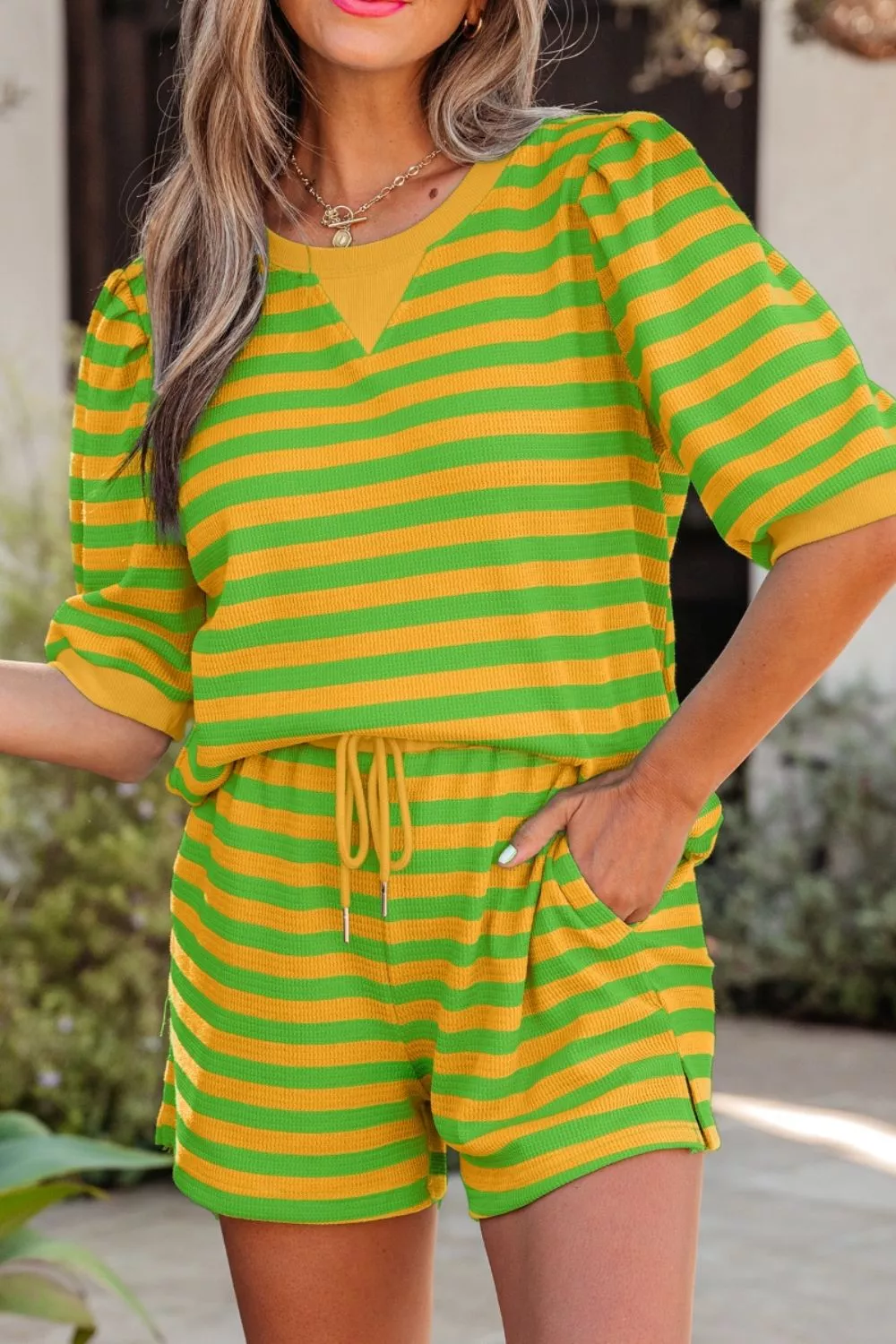 Striped Puff Sleeve Top and Drawstring Shorts Set, image 5