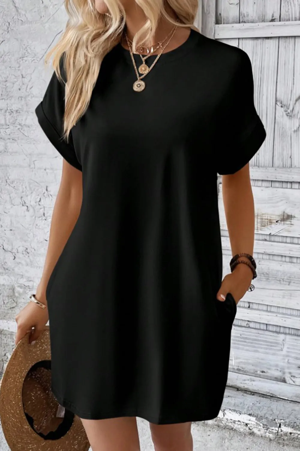 Pocketed Round Neck Short Sleeve Dress, image 29