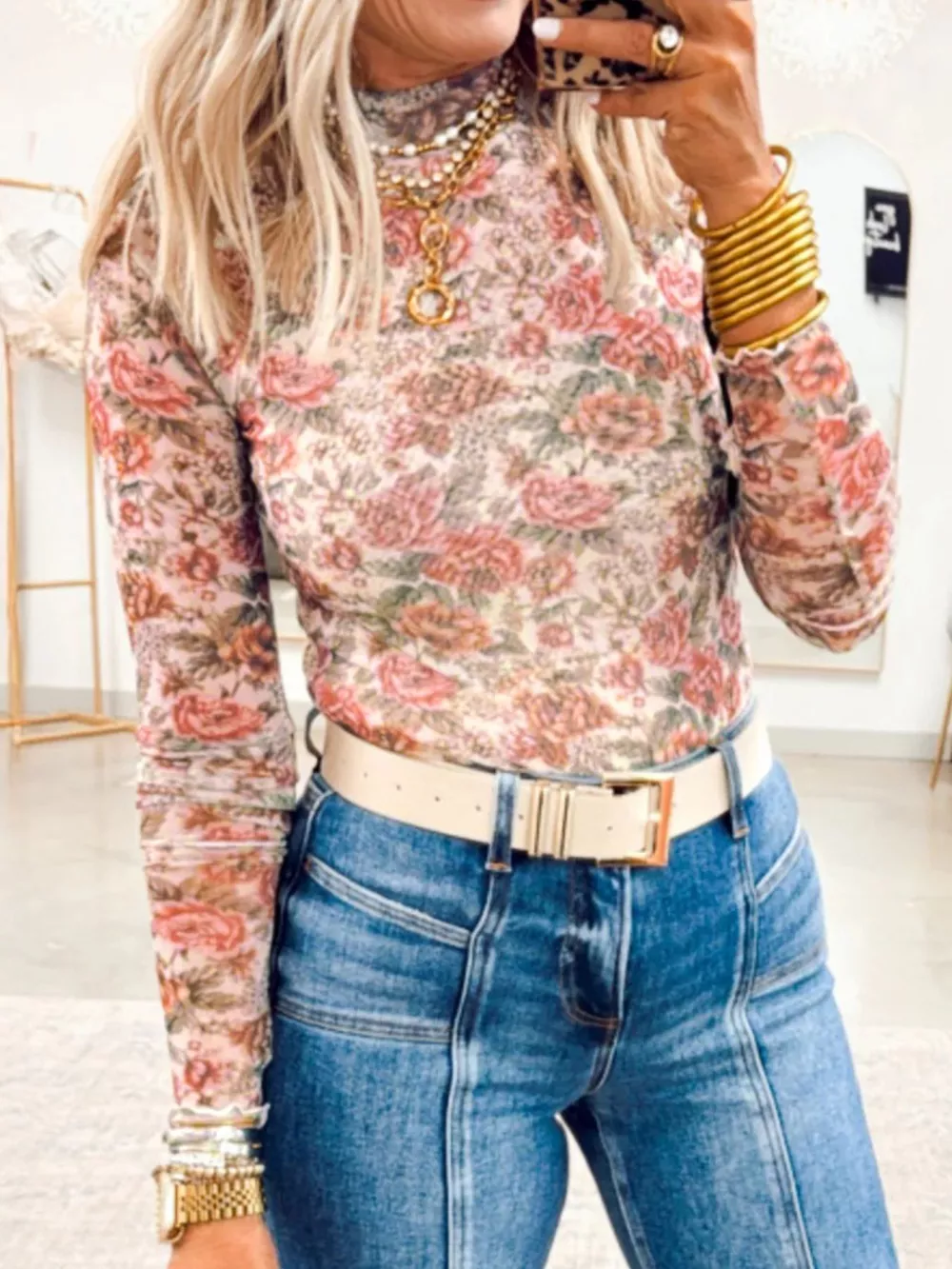 Floral Print Mesh Long Sleeve Top, image 3