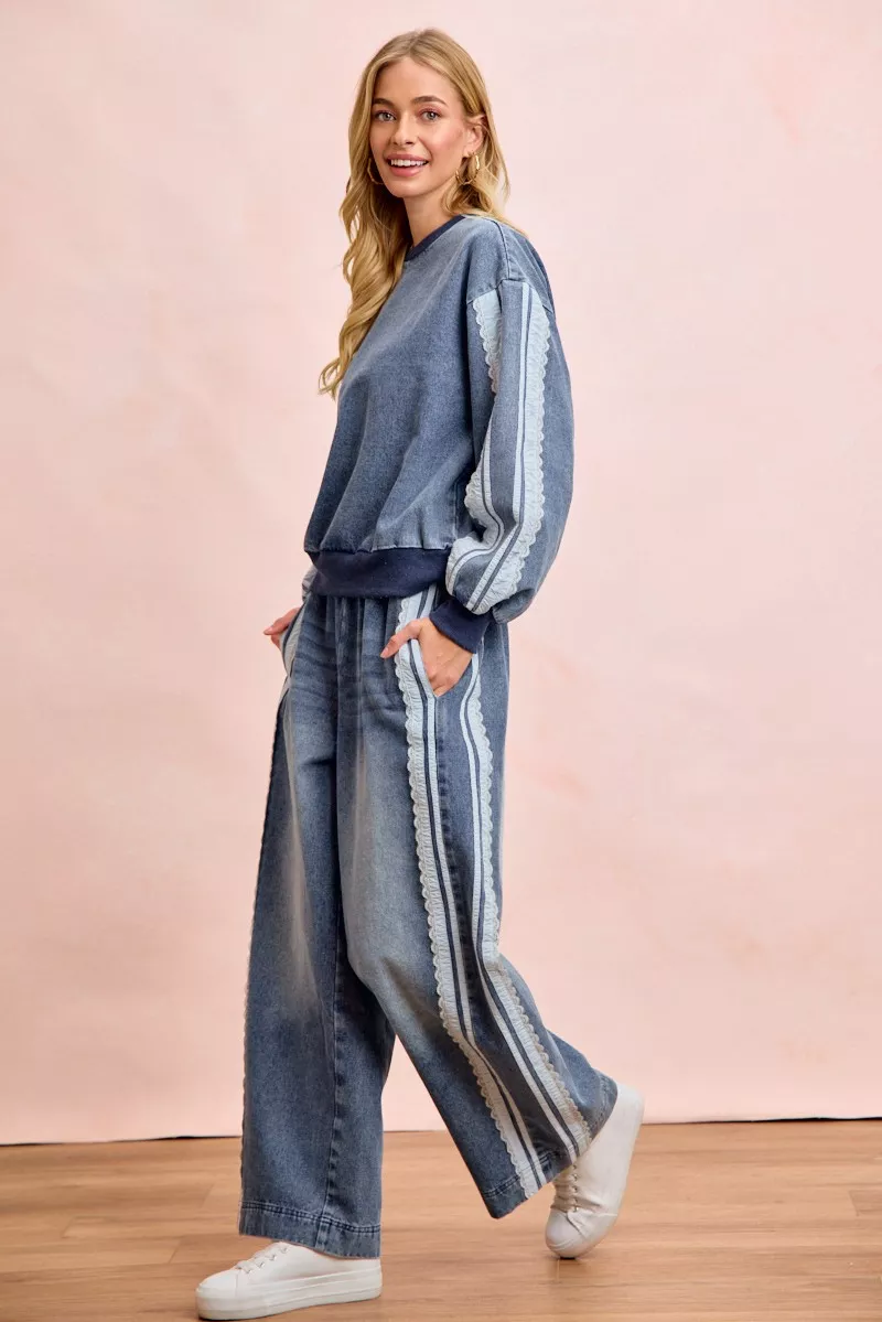 BiBi Washed Denim Lace Contrast Sided Sweatshirt, image 15