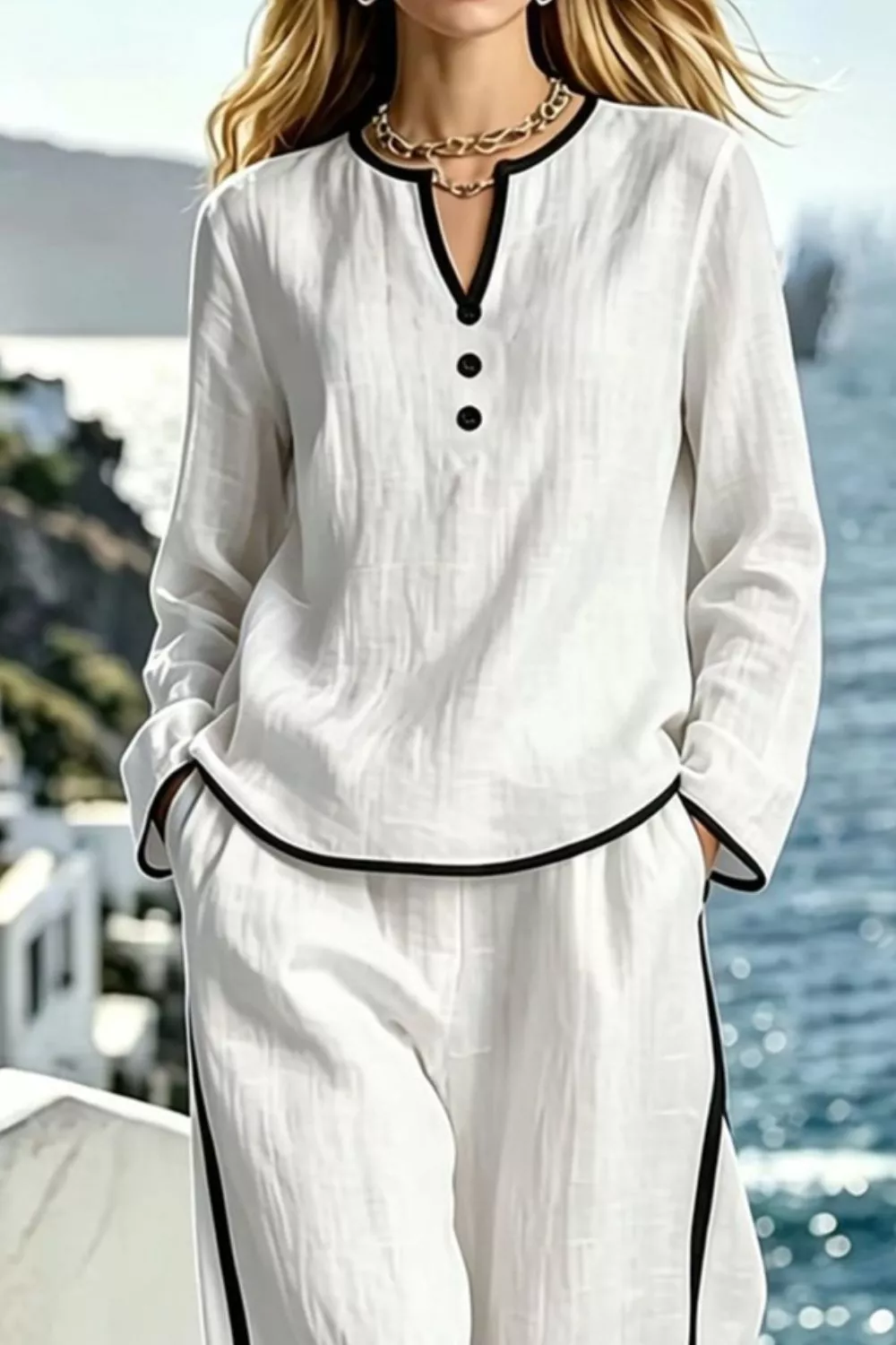 Contrast Trim Long Sleeve Top and Pants Set, image 2