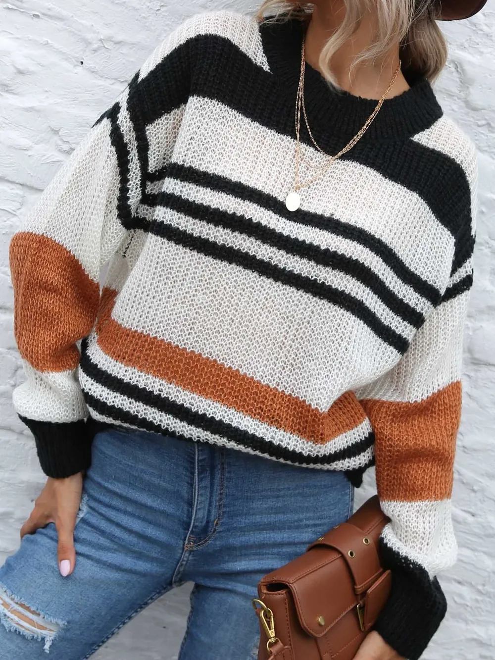 Contrast Striped Round Neck Long Sleeve Sweater, image 4