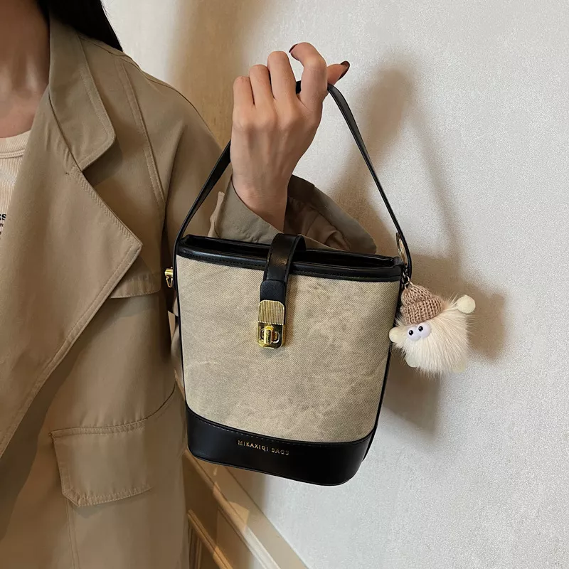 Vintage Bucket Crossbody Bag with Plush Charm, image 4