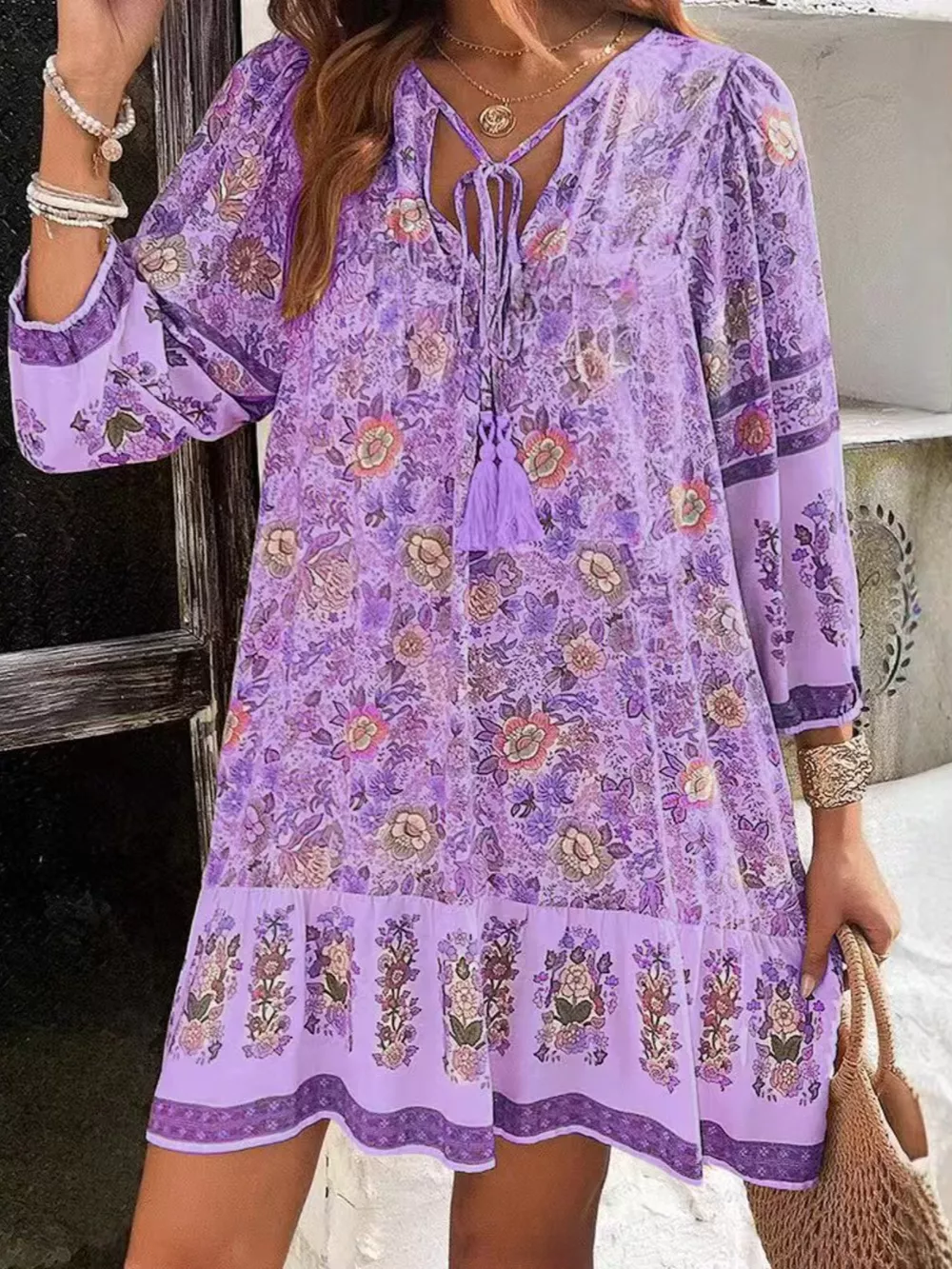 Floral Print Tassel Tie Neck Mini Dress, image 4