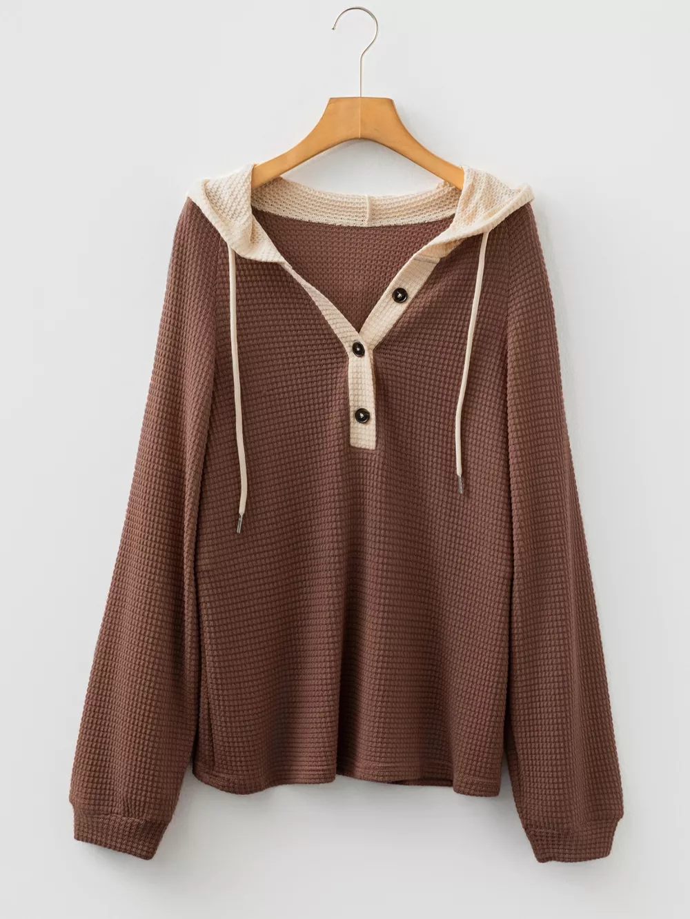Waffle Contrast Half Buttoned Hooded Pullover Top, image 6