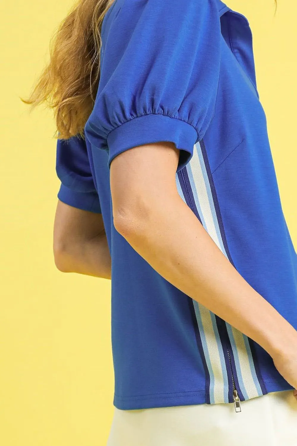 Side Zip Striped Puff Sleeve Polo, image 2