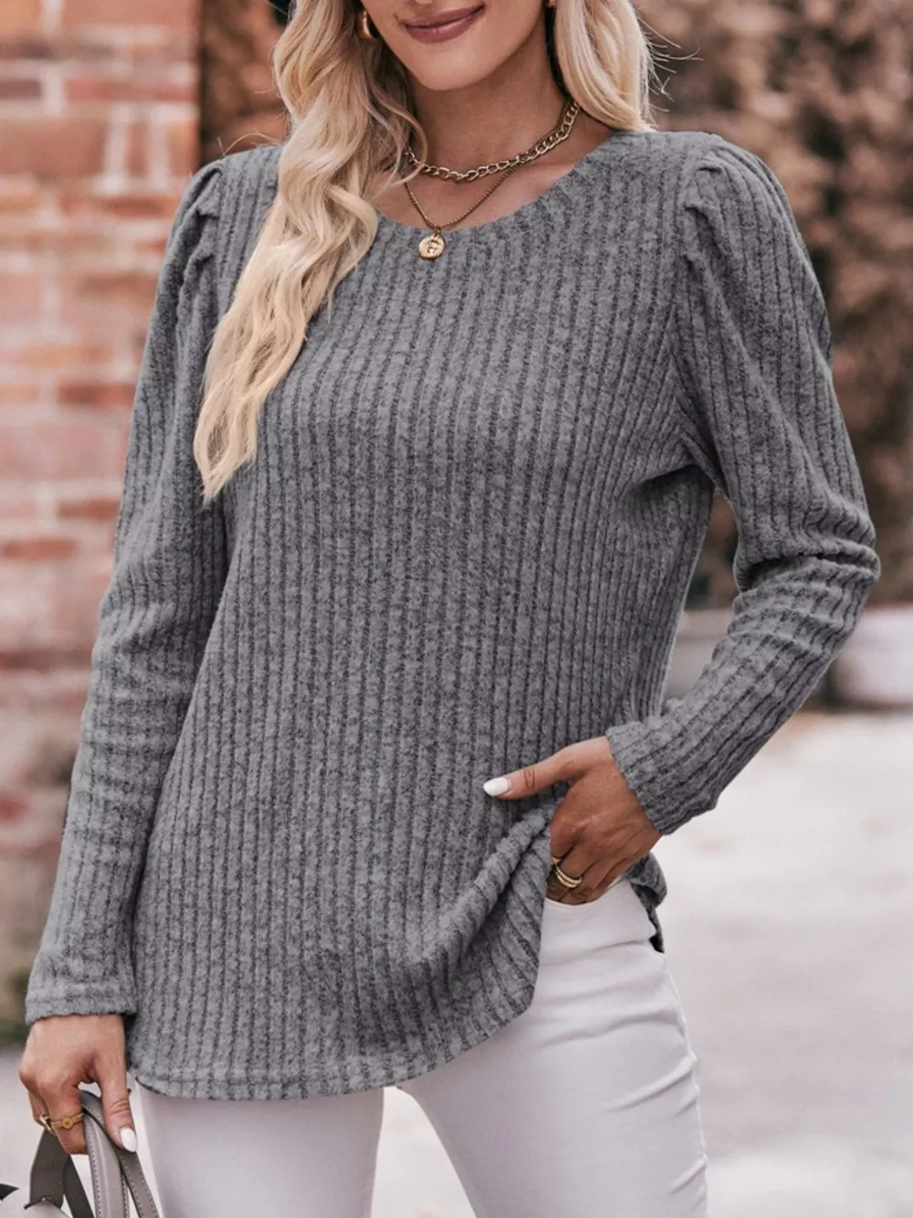 Ribbed Knit Puff Sleeve T-Shirt, image 29