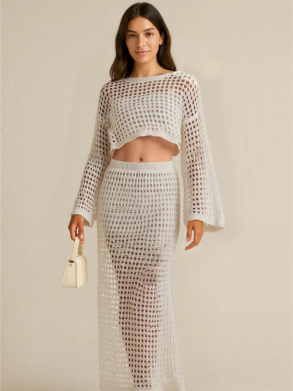 Hollow Out Long Sleeve Top and Skirt Knit Set