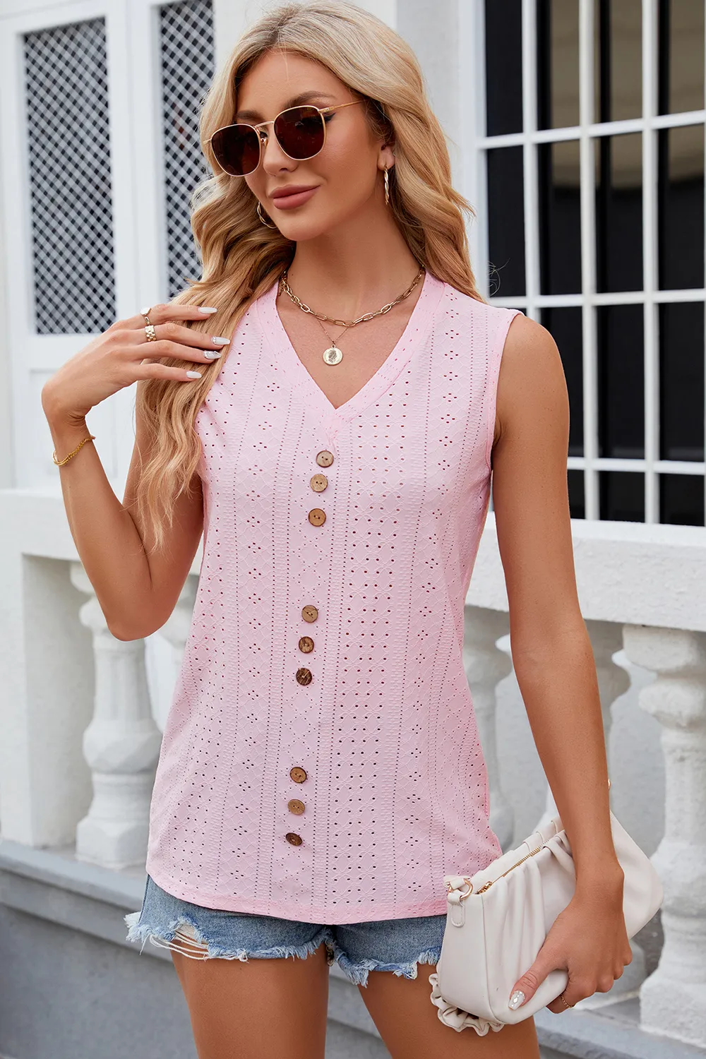 Decorative Button Eyelet V-Neck Tank, image 5