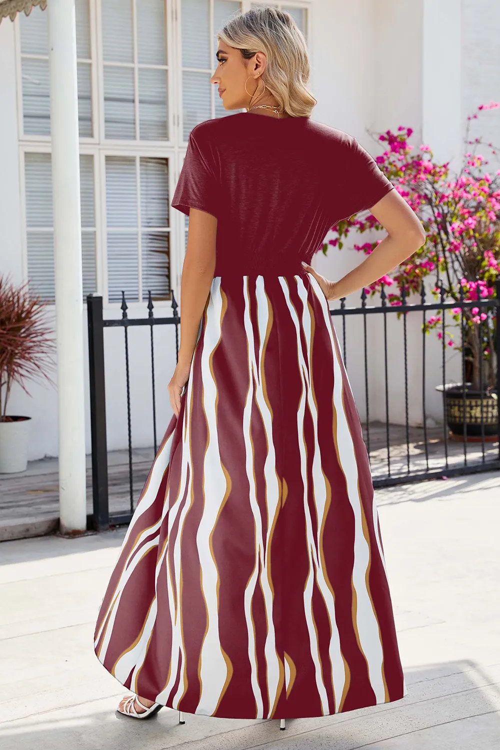 Smocked High-Low Printed Surplice Dress, image 3