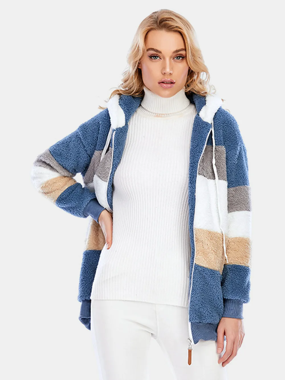 Full Size Drawstring Color Block Zip Up Hooded Outerwear, image 3