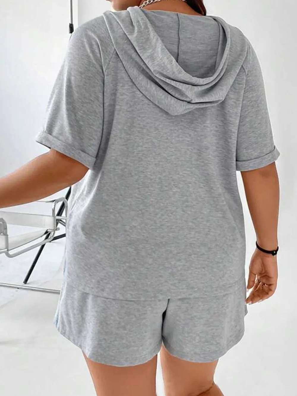 Full Size Drawstring Half Zip Hooded Top and Shorts Set Plus Size, image 4