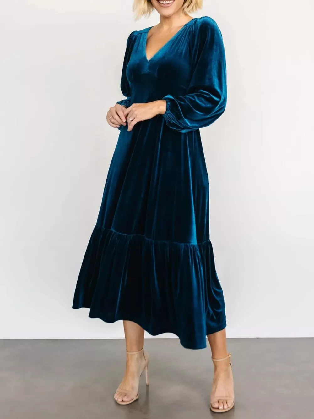 Velvet Tiered Long Sleeve Midi Dress, image 12