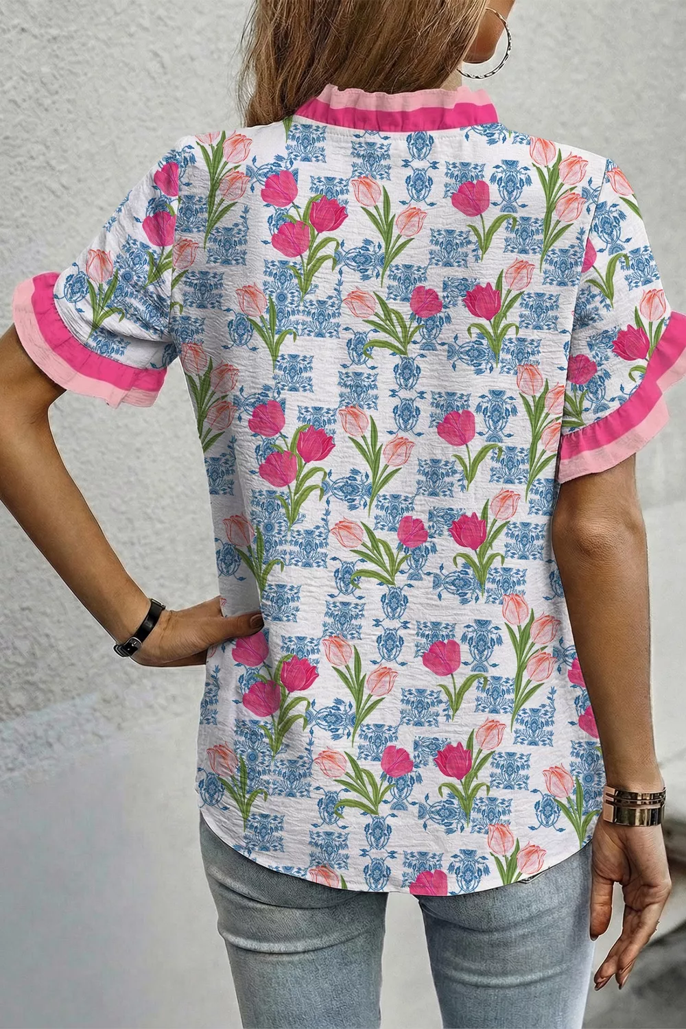 Floral Print Ruffle V-Neck Short Sleeve Loose Tunic Shirt, image 4