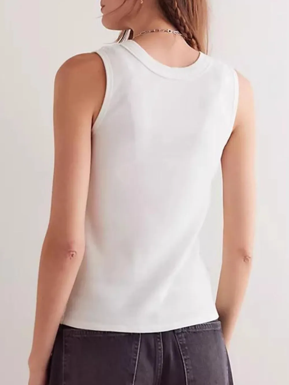 Snap Down Round Neck Ribbed Slim Tank Vest, image 5