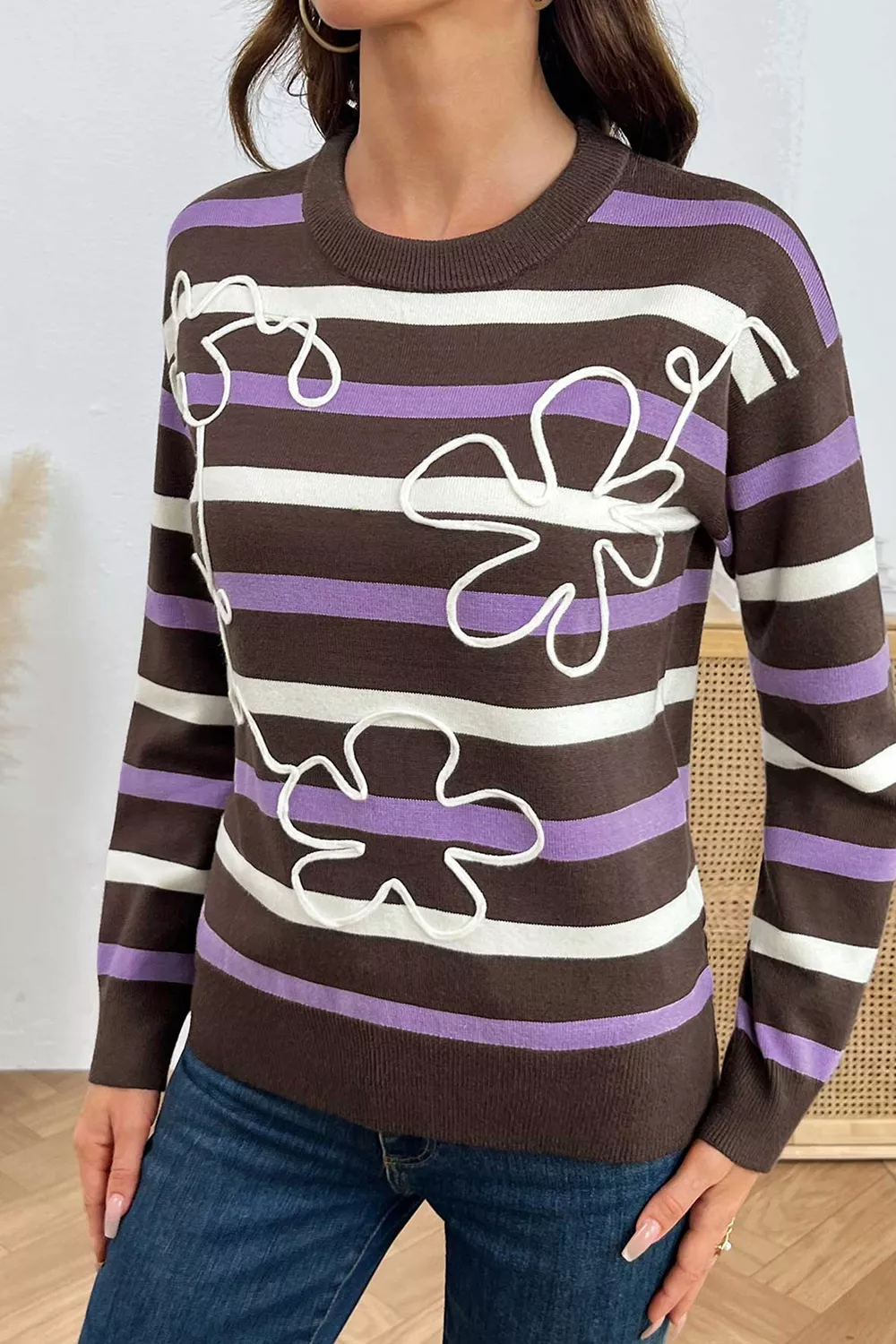 Stripe Embroidered Detail Drop Shoulder Sweater, image 10