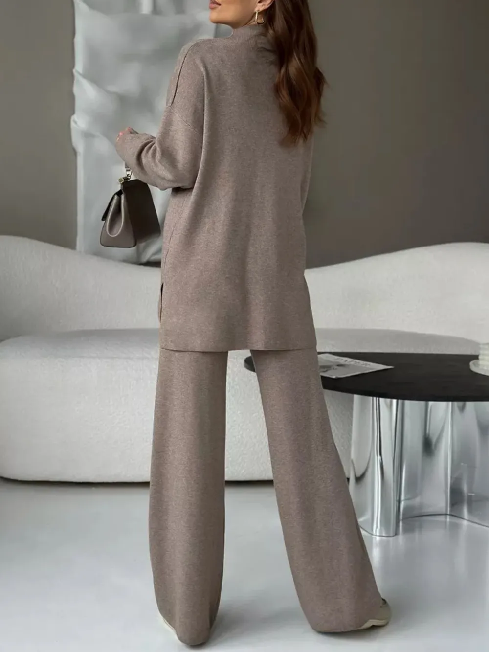 Slit Mock Neck Top and Pants Sweater Set, image 10