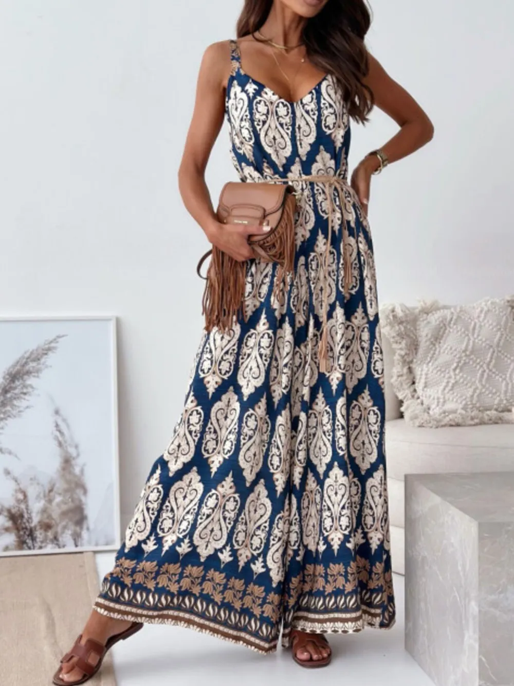 Paisley Print Spaghetti Strap Wide Leg Jumpsuit, image 2