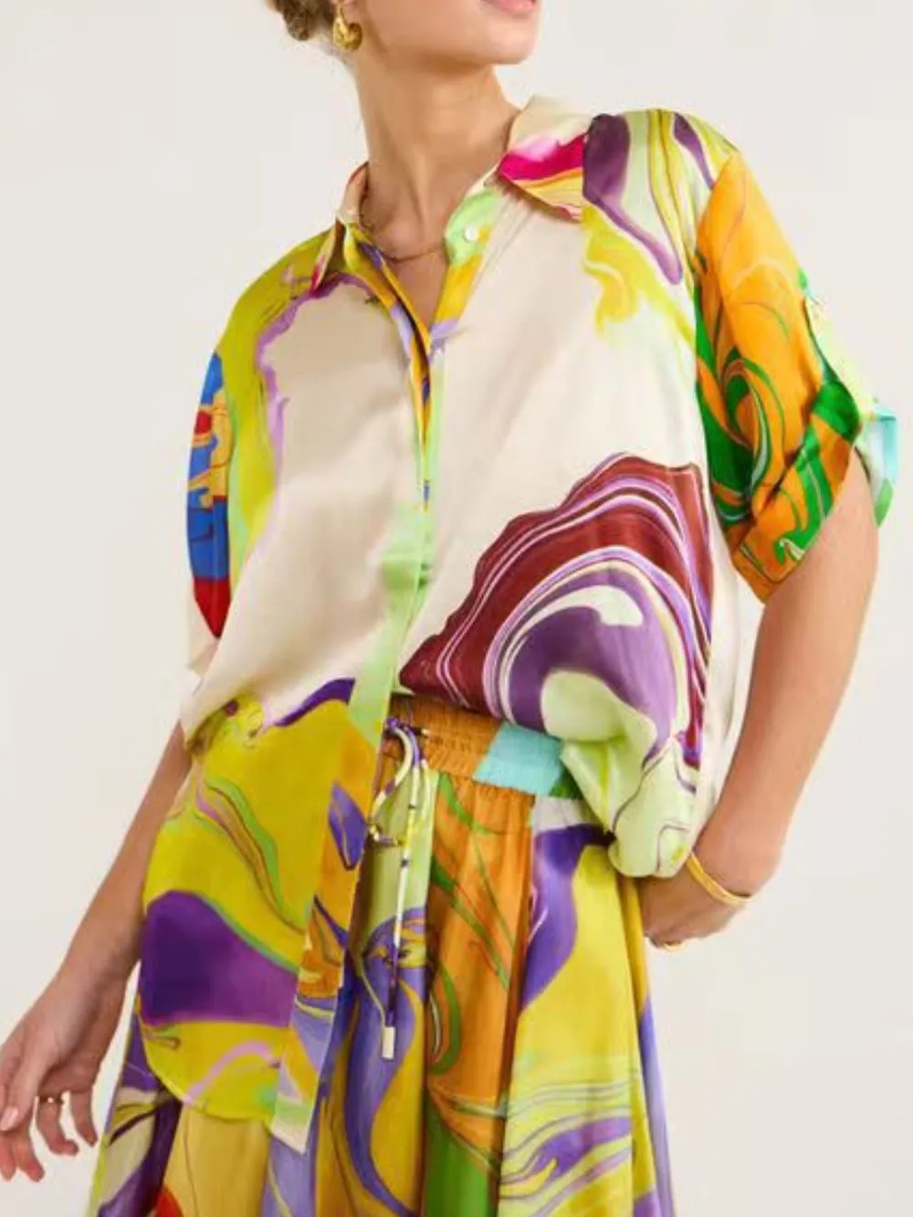 Printed Button Up Shirt and Skirt Set, image 3