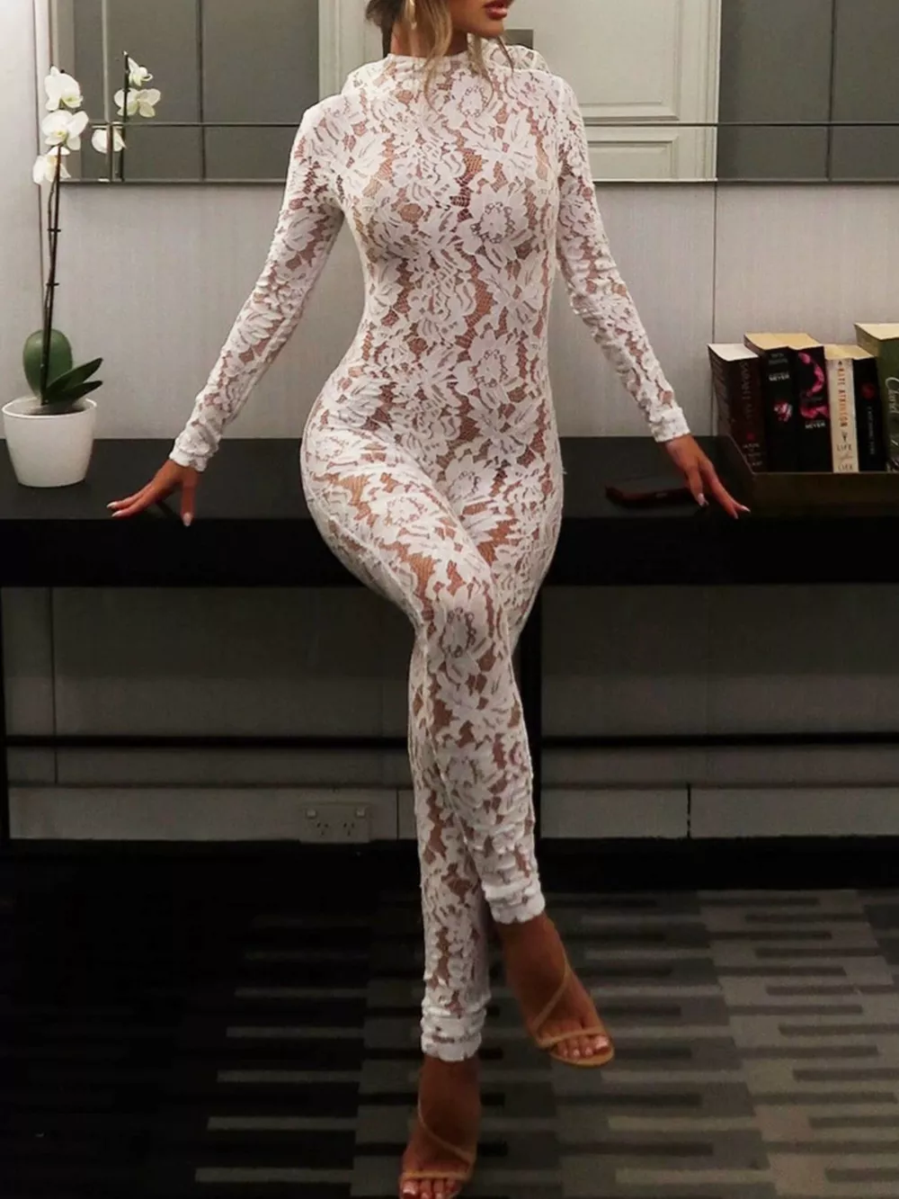 Lace Mock Neck Long Sleeve Jumpsuit, image 4
