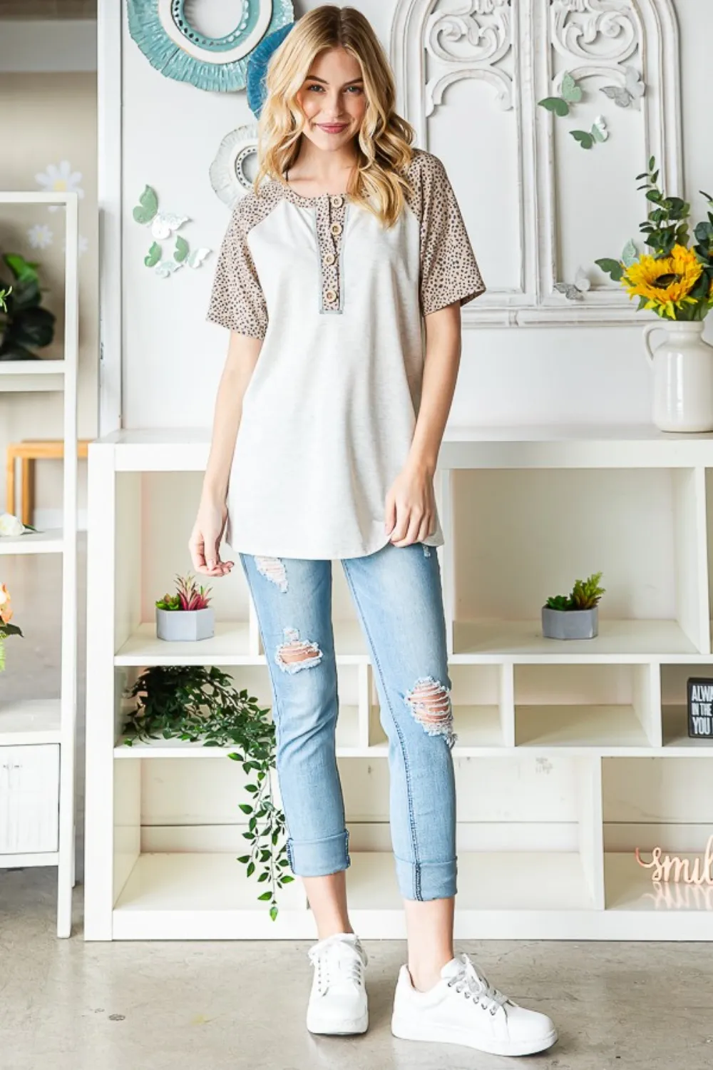 Full Size Animal Print Half Button Short Sleeve Top, image 6