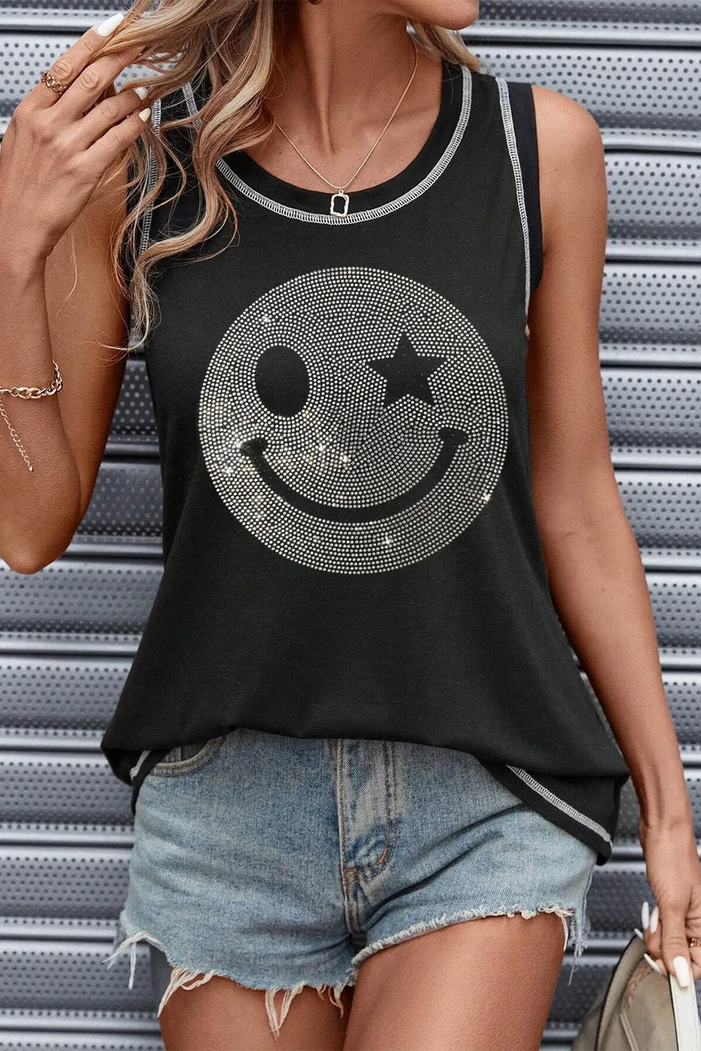 Rhinestone Smile Face Round Neck Tank, image 6