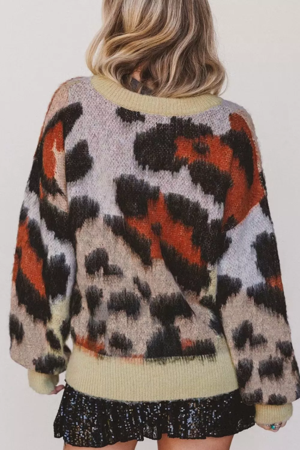 Leopard Print Drop Shoulder Long Sleeve Round Neck Sweater, image 4