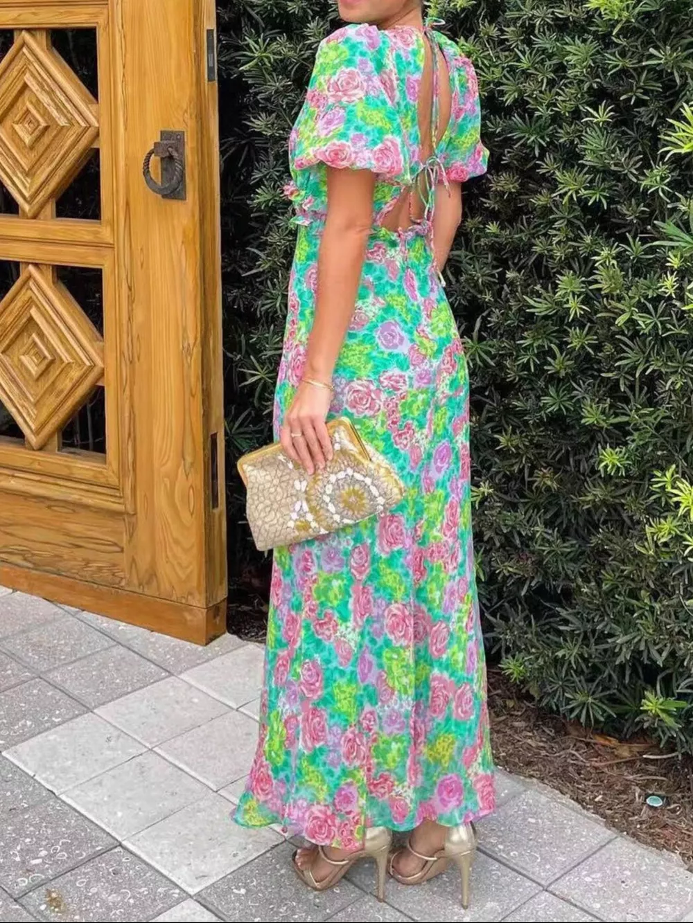 Floral Print V-Neck Puff Sleeve Midi Dress, image 2