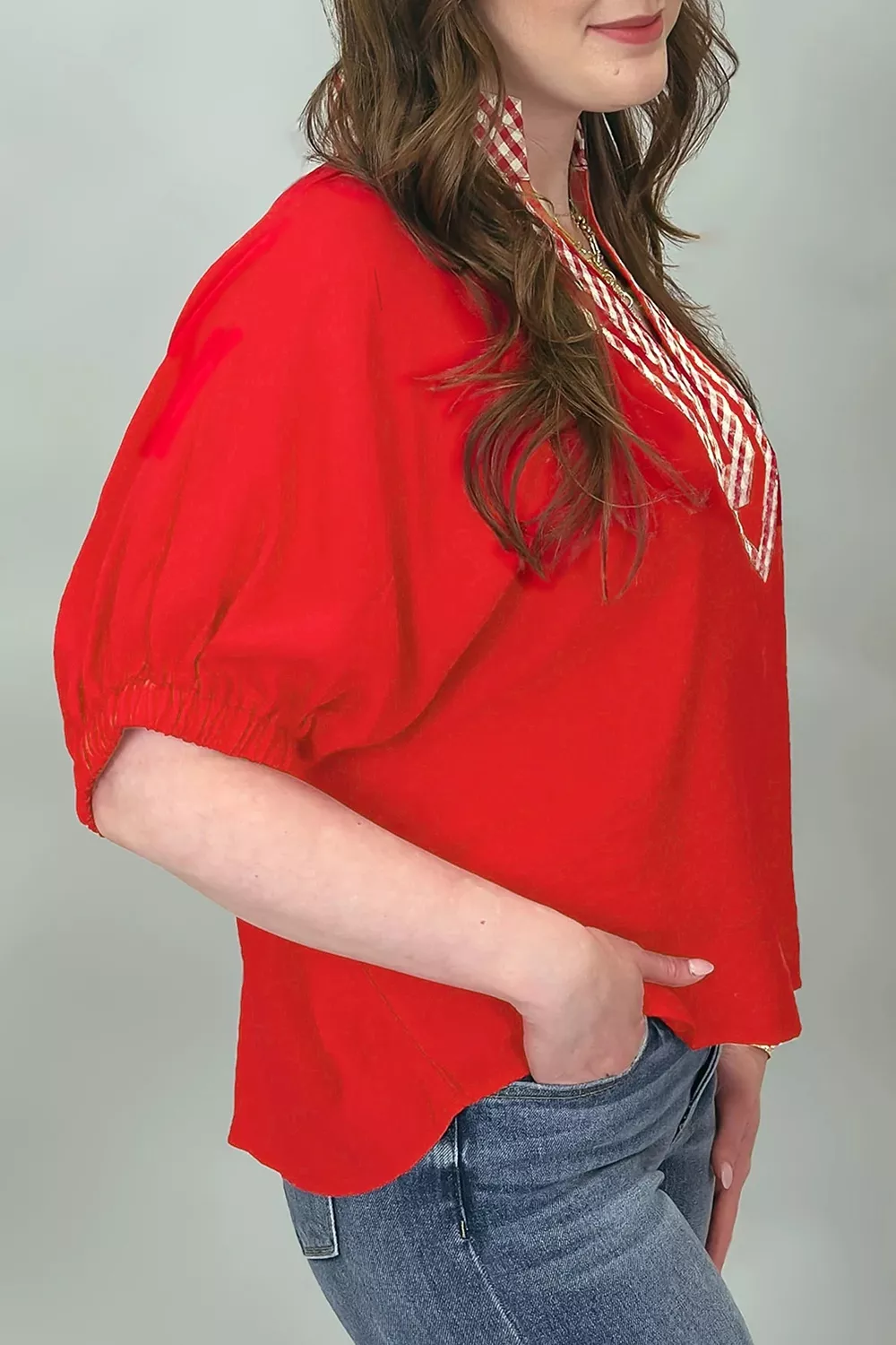 V Neck Plaid Collar Short Sleeve Tunic Blouse, image 5