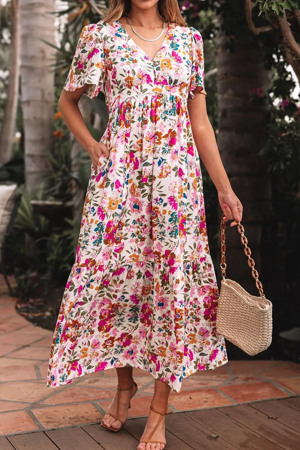 Floral Short Sleeve V Neck Dress with Pockets, image 12