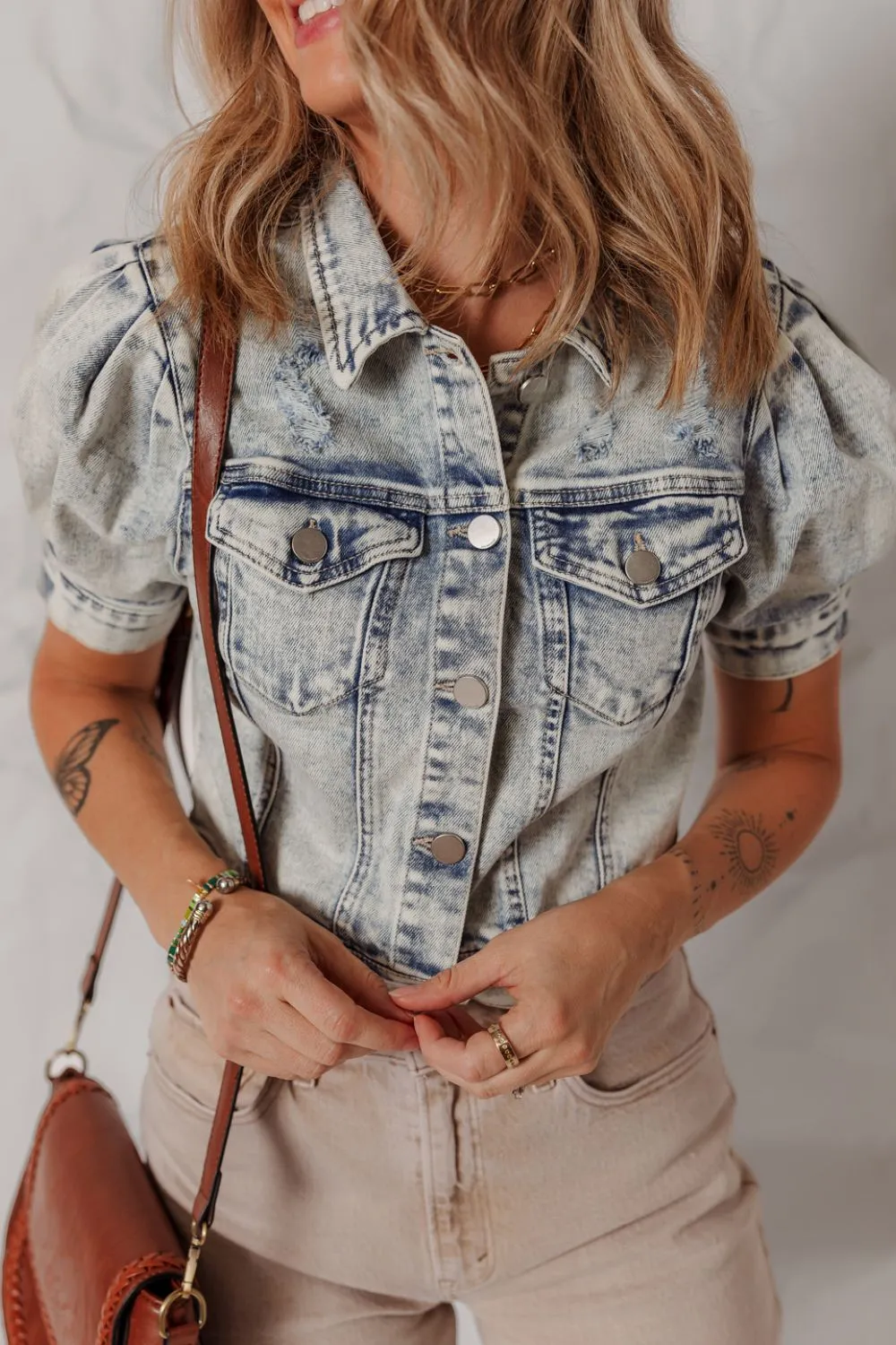 Wash Buttoned Chest Pocket Puff Sleeve Denim Jacket, image 4
