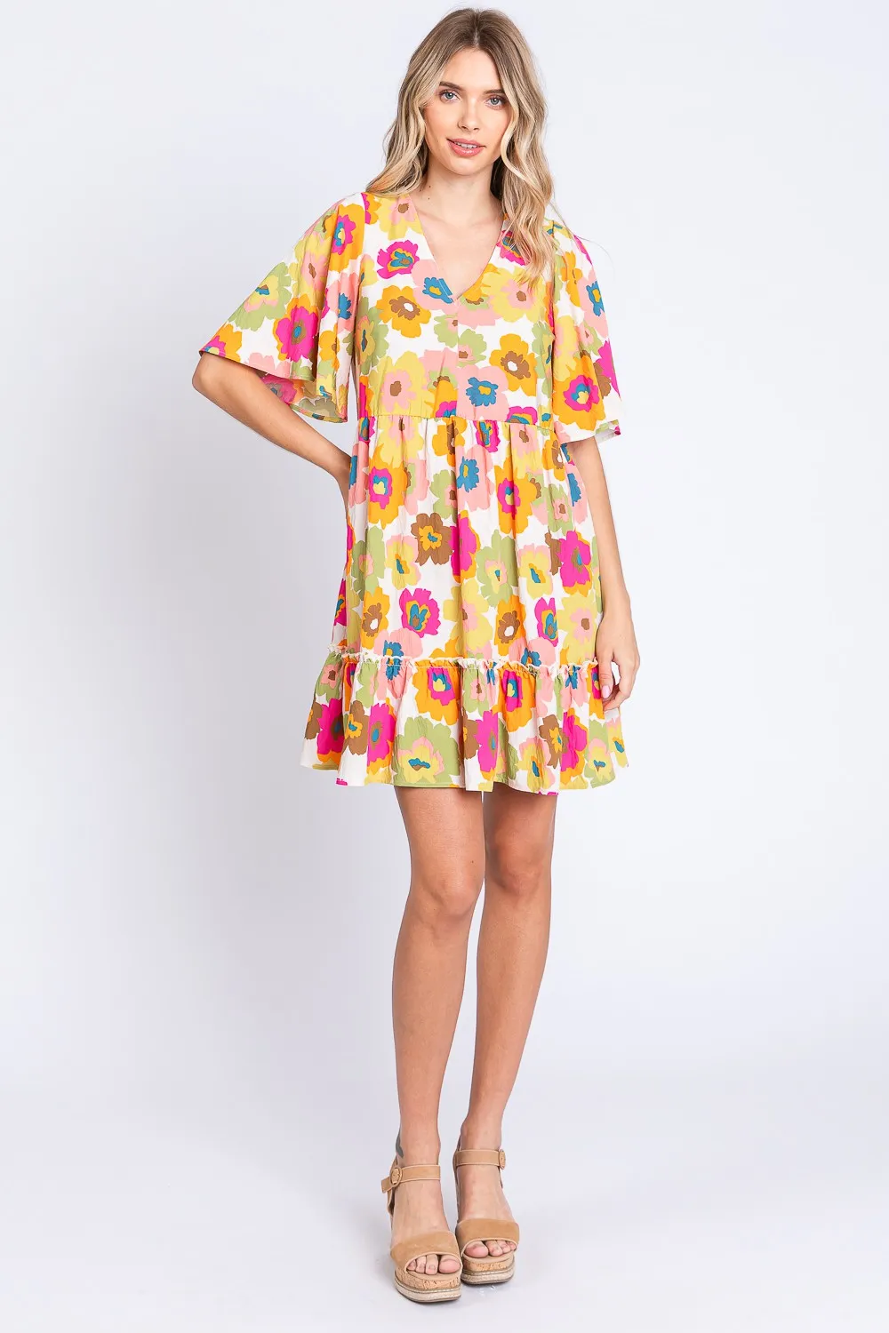 Floral V-Neck Ruffle Hem Mini Dress, image 4