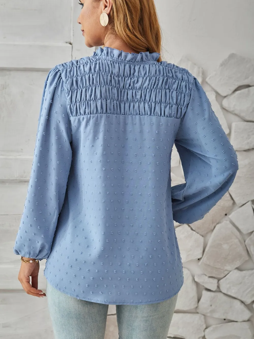 Ruched Swiss Dot Notched Balloon Sleeve T-Shirt, image 11