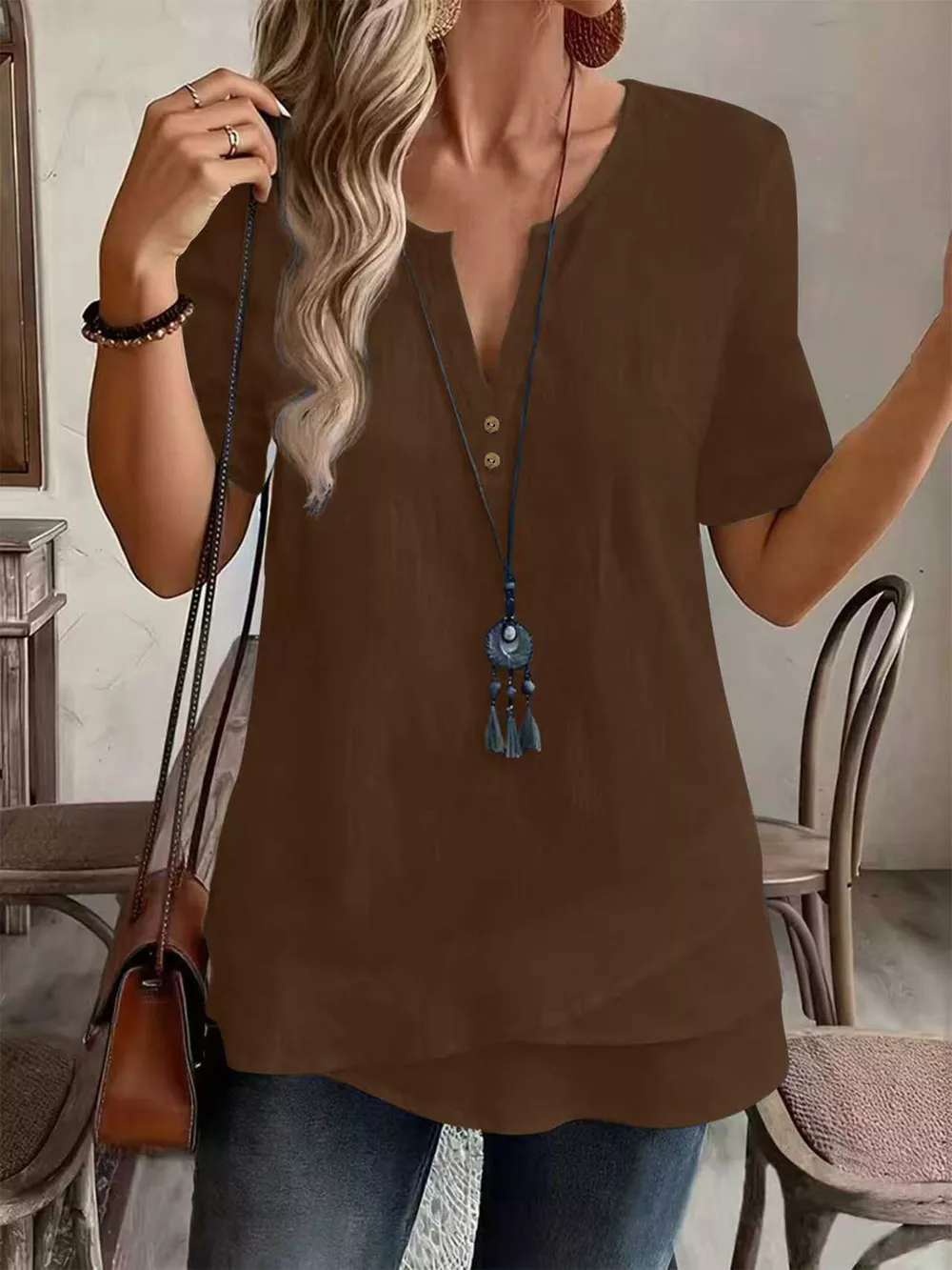 Notched Short Sleeve Blouse, image 16
