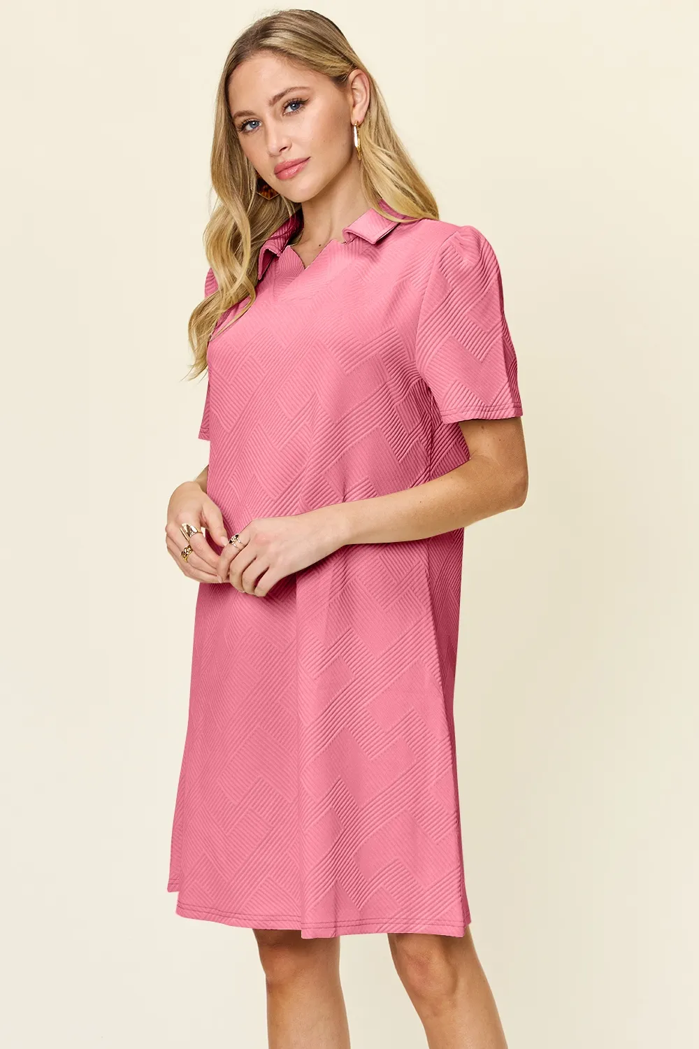 Full Size Texture Collared Neck Short Sleeve Dress, image 19
