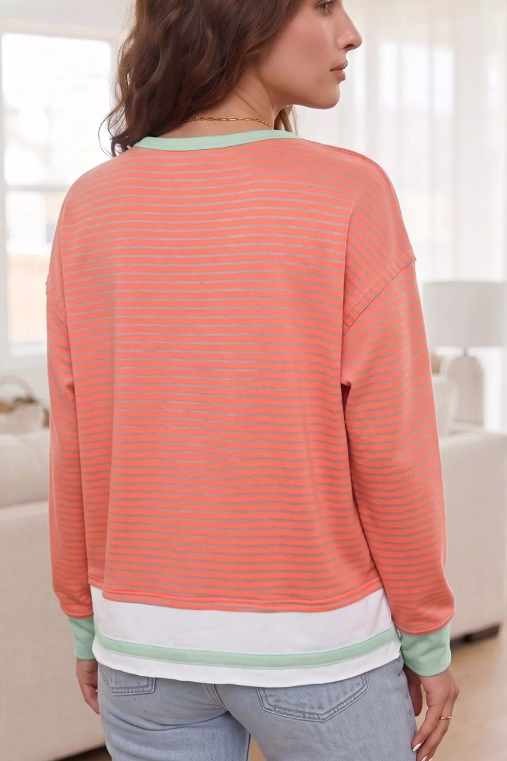 Stripe Colorblock Detail Raw Seam Long Sleeve Tunic Top, image 3