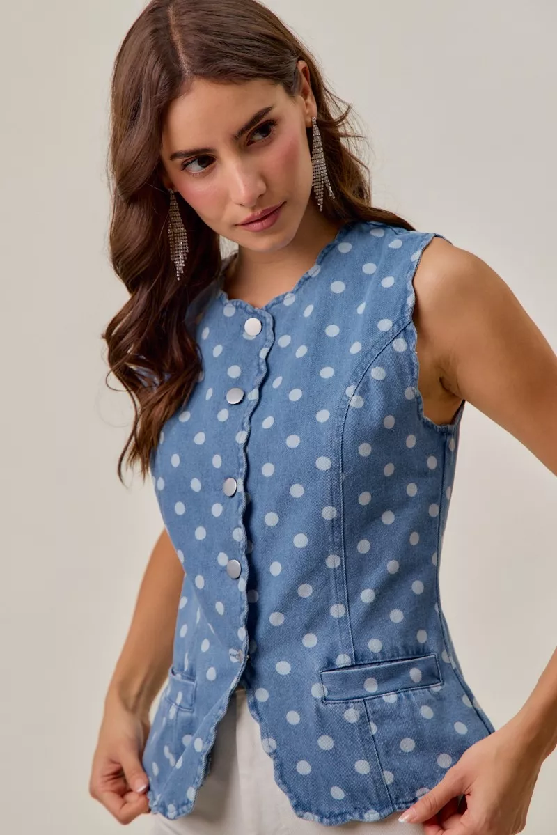 Polka Dot Denim Scallop Edge Button Down Vest Top, image 7