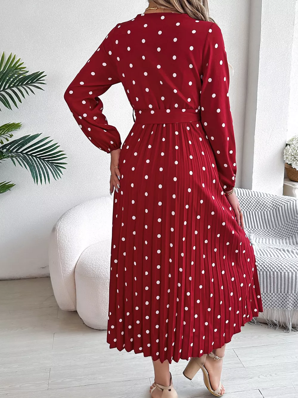 Front Tie Polka Dot Midi Pleated Dress, image 23