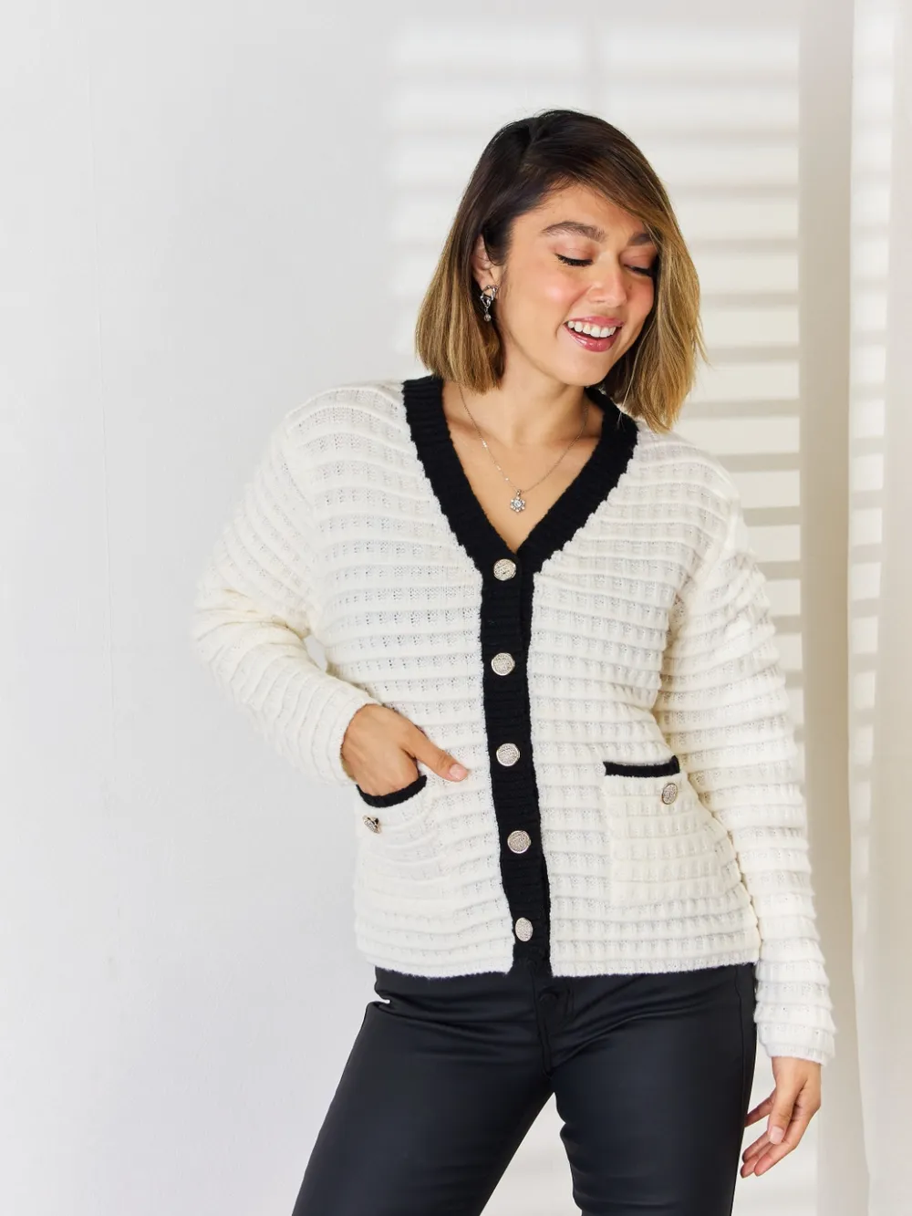 Contrast Trim Button Up Cardigan, image 3
