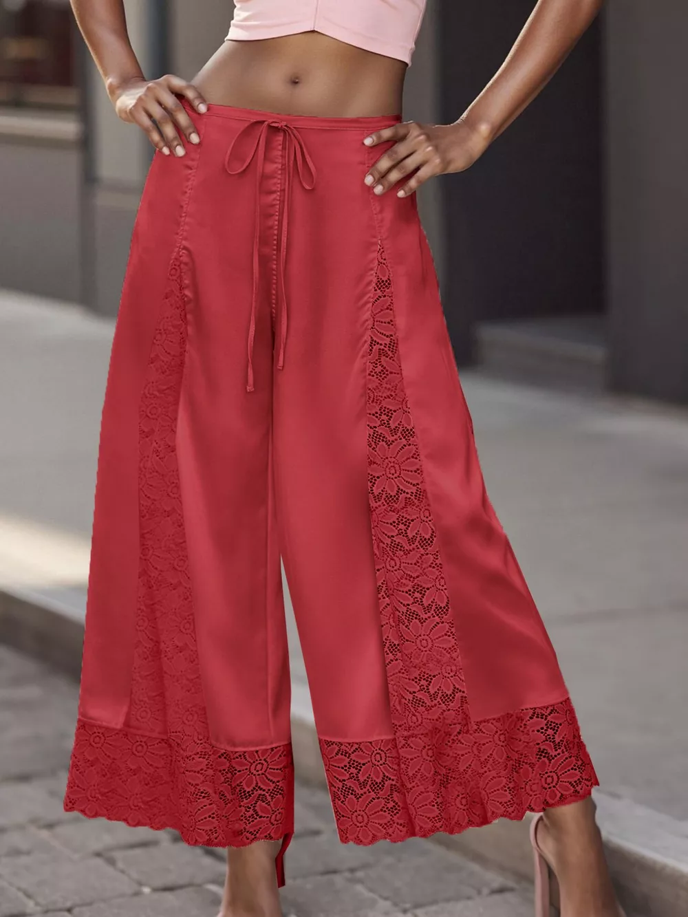 Lace Trim Wide-Leg Cropped Pants, image 24