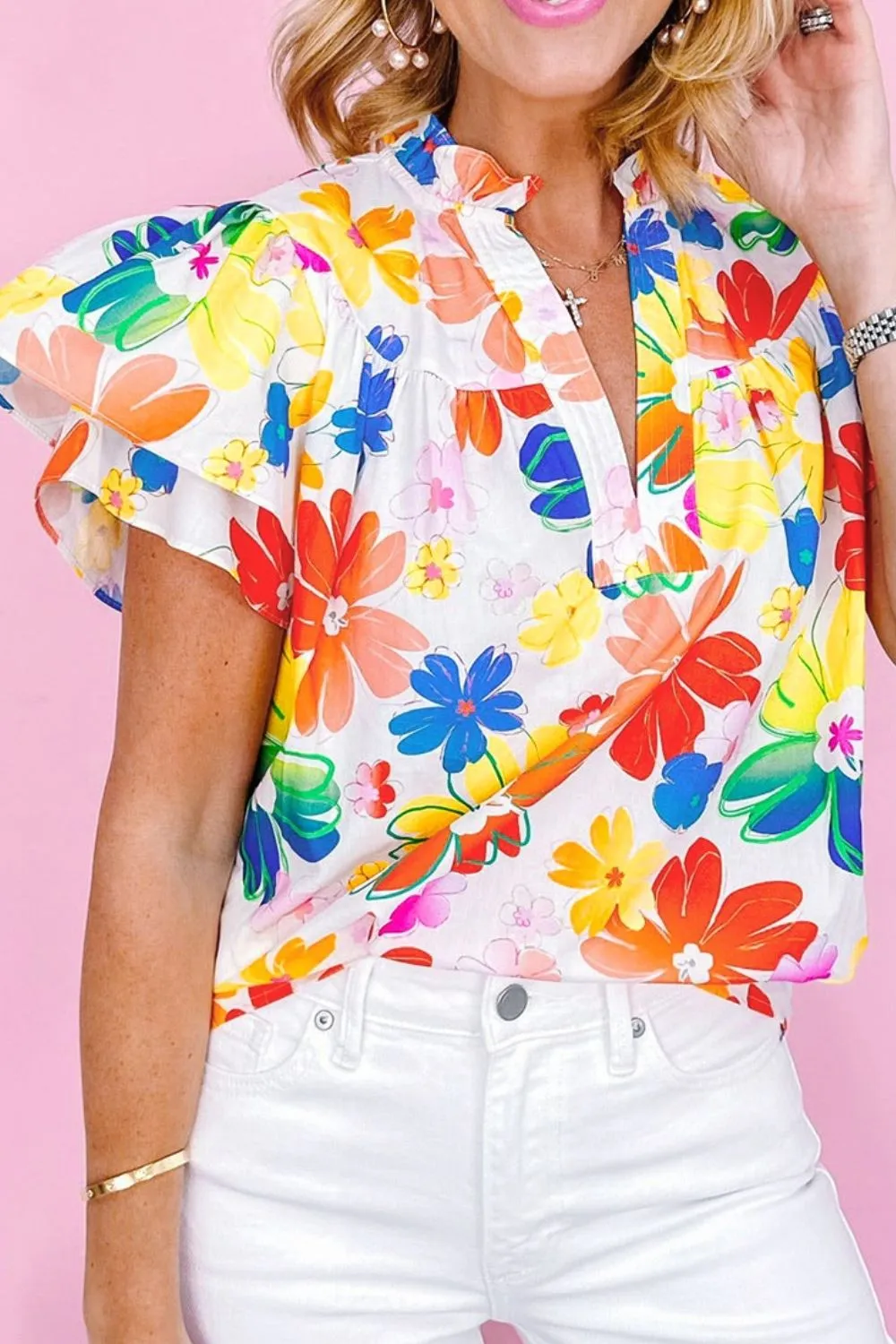 Ruffled Printed Notched Cap Sleeve Blouse, image 3